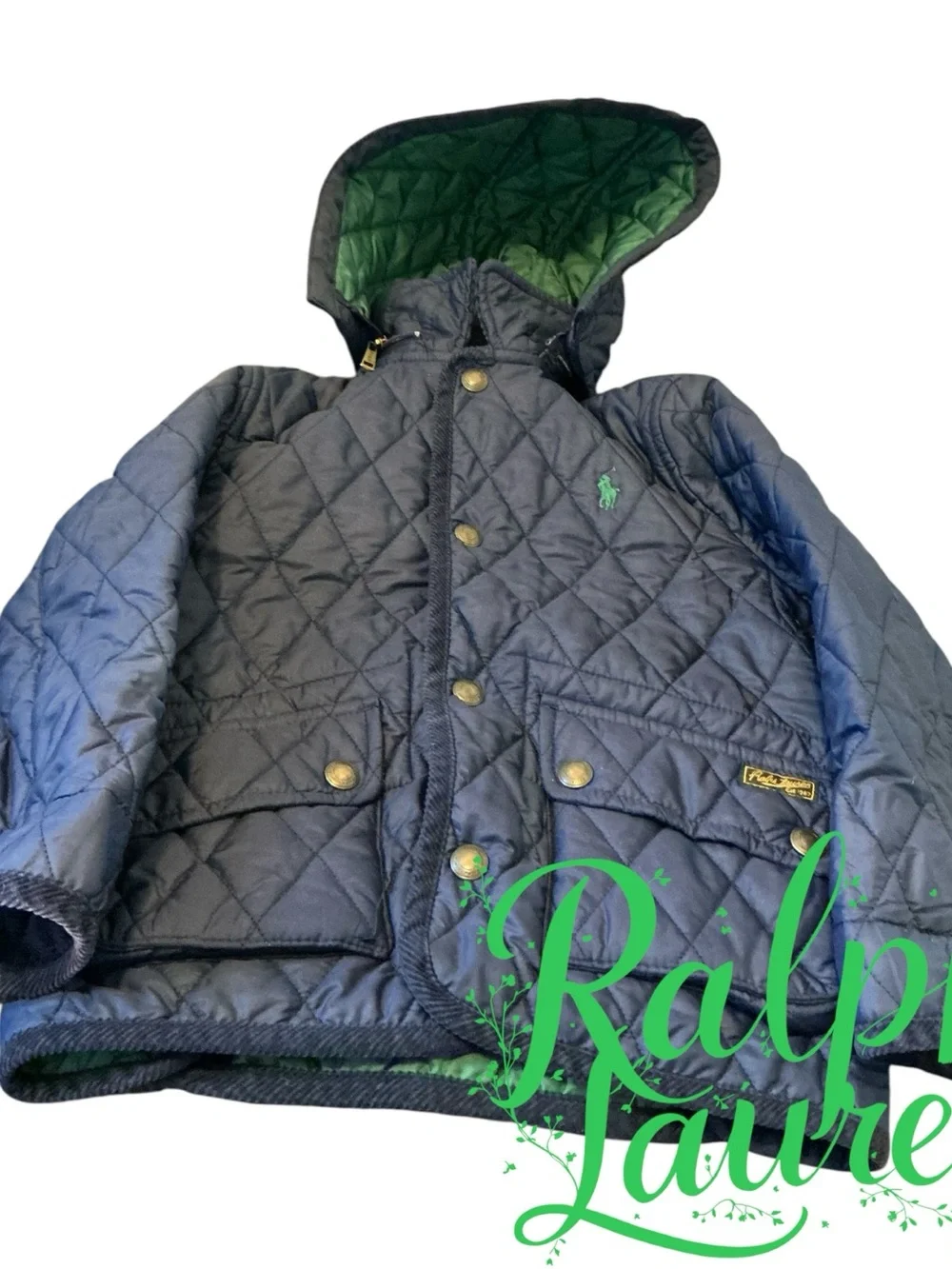 Ralph Lauren Navy Quilted Hooded Puffer with Green Lining